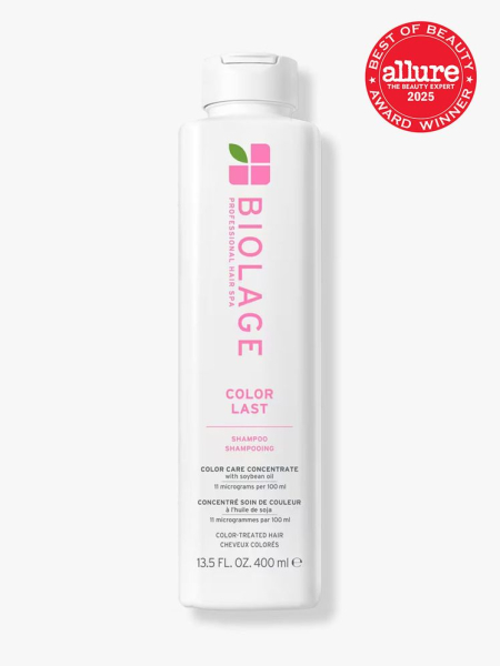 Biolage Color Last Shampoo white bottle on light gray background with red Allure Best of Beauty seal in the top right corner