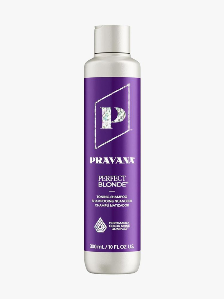 Pravana Perfect Blonde Toning Shampoo purple and white bottle on light gray background