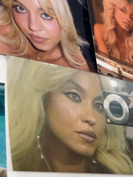 Photos of photos of Sydney Sweeny trying out her Euphoria episode 4 makeup look for season 3.